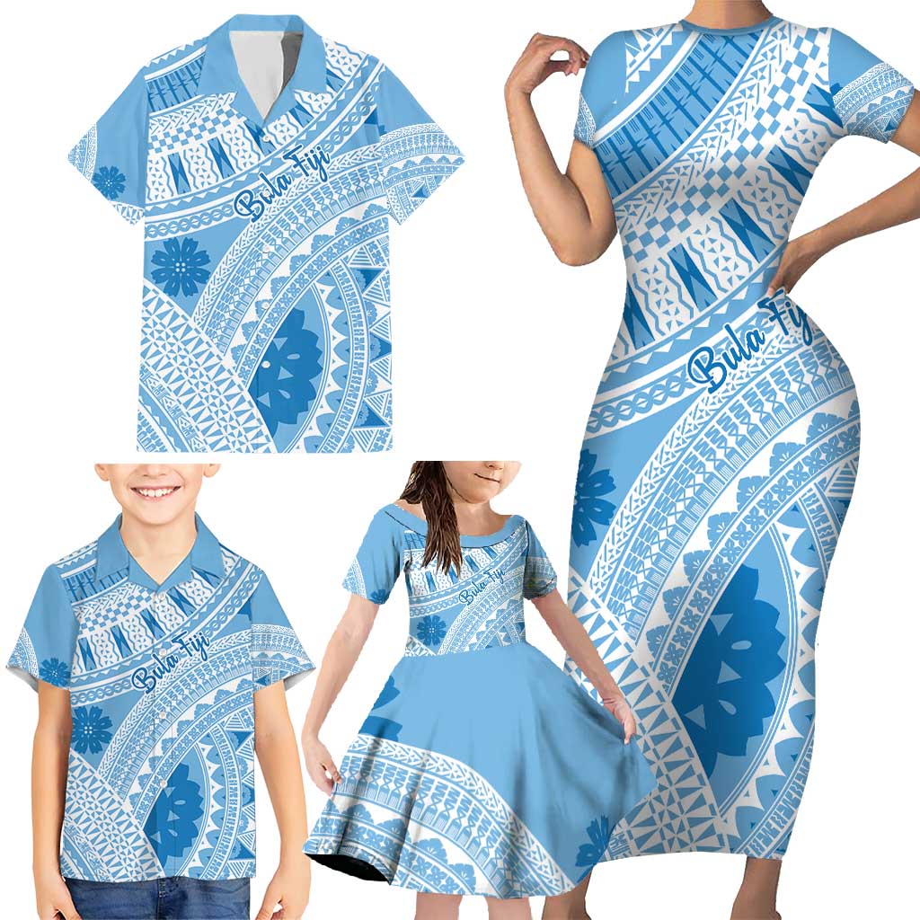 Bula Fiji Classic Masi Tapa Family Matching Short Sleeve Bodycon Dress and Hawaiian Shirt Turquoise - Polynesian Pride