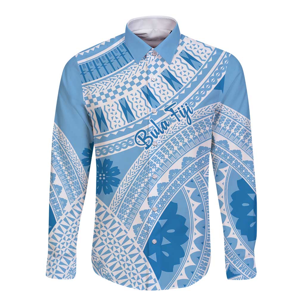 Bula Fiji Classic Masi Tapa Long Sleeve Button Shirt Turquoise - Polynesian Pride