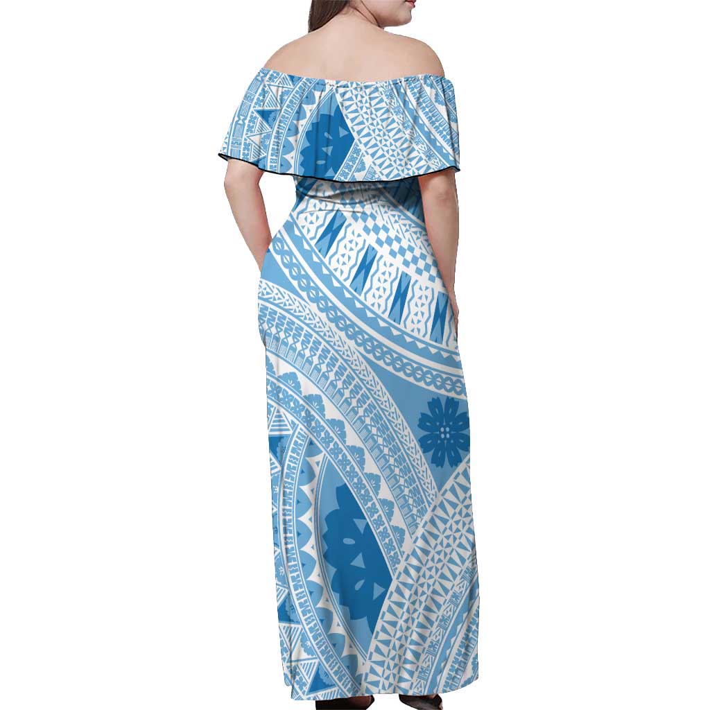 Bula Fiji Classic Masi Tapa Off Shoulder Maxi Dress Turquoise - Polynesian Pride