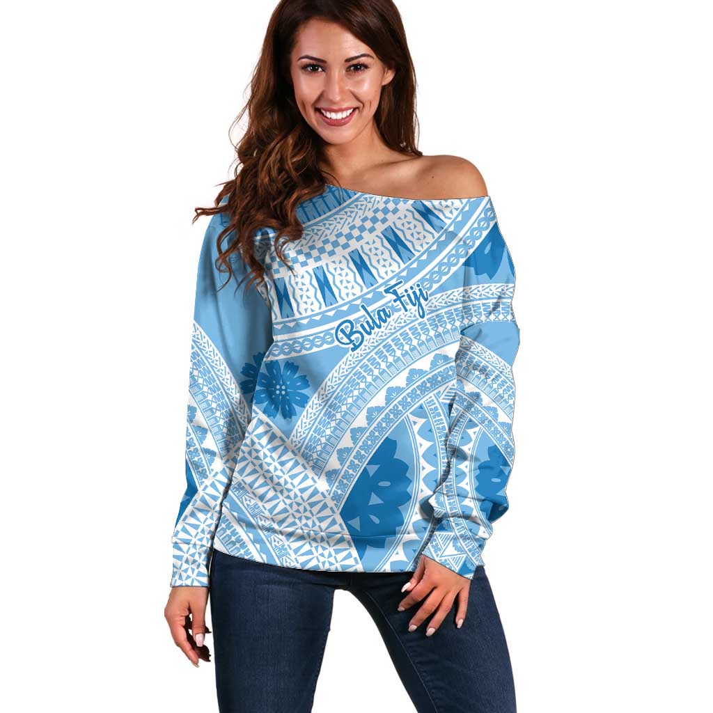 Bula Fiji Classic Masi Tapa Off Shoulder Sweater Turquoise - Polynesian Pride