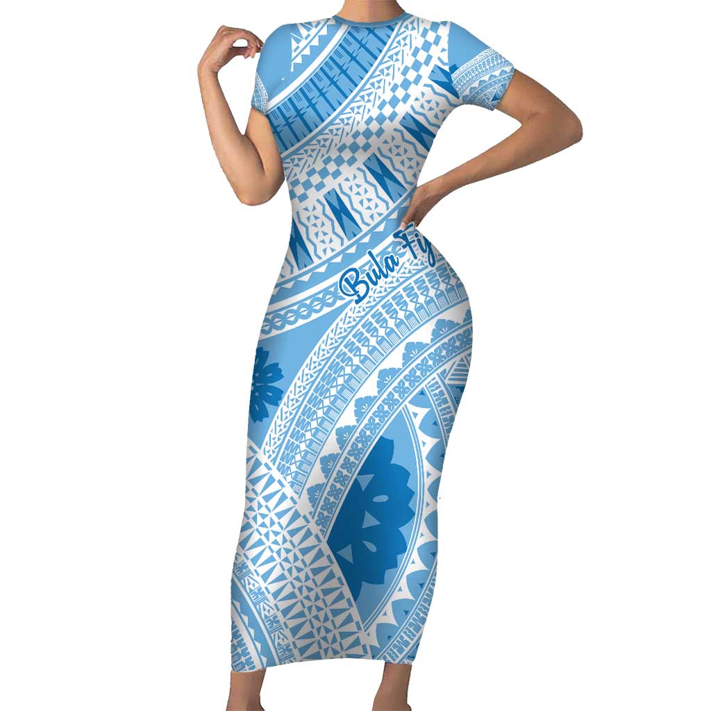 Bula Fiji Classic Masi Tapa Short Sleeve Bodycon Dress Turquoise - Polynesian Pride