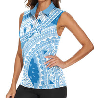 Bula Fiji Classic Masi Tapa Women Sleeveless Polo Shirt Turquoise - Polynesian Pride