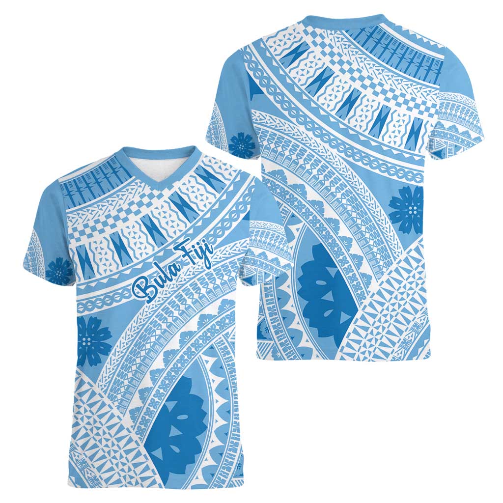 Bula Fiji Classic Masi Tapa Women V-Neck T-Shirt Turquoise - Polynesian Pride