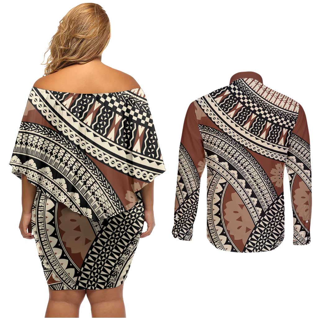 Bula Fiji Classic Masi Tapa Couples Matching Off Shoulder Short Dress and Long Sleeve Button Shirt Vintage Brown - Polynesian Pride