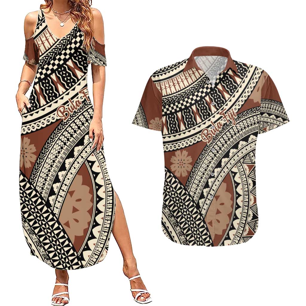 Bula Fiji Classic Masi Tapa Couples Matching Summer Maxi Dress and Hawaiian Shirt Vintage Brown - Polynesian Pride