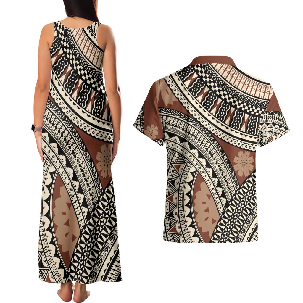 Bula Fiji Classic Masi Tapa Couples Matching Tank Maxi Dress and Hawaiian Shirt Vintage Brown - Polynesian Pride