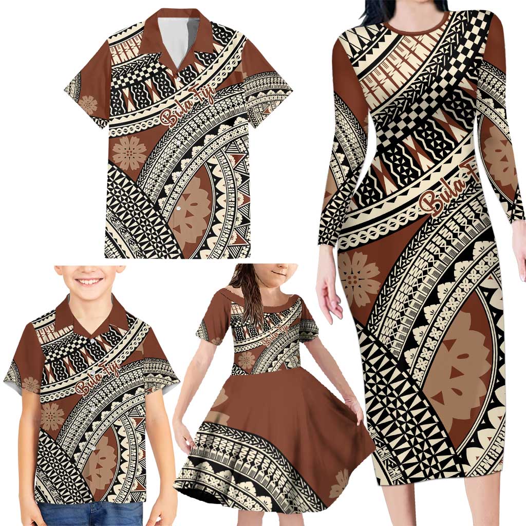 Bula Fiji Classic Masi Tapa Family Matching Long Sleeve Bodycon Dress and Hawaiian Shirt Vintage Brown - Polynesian Pride