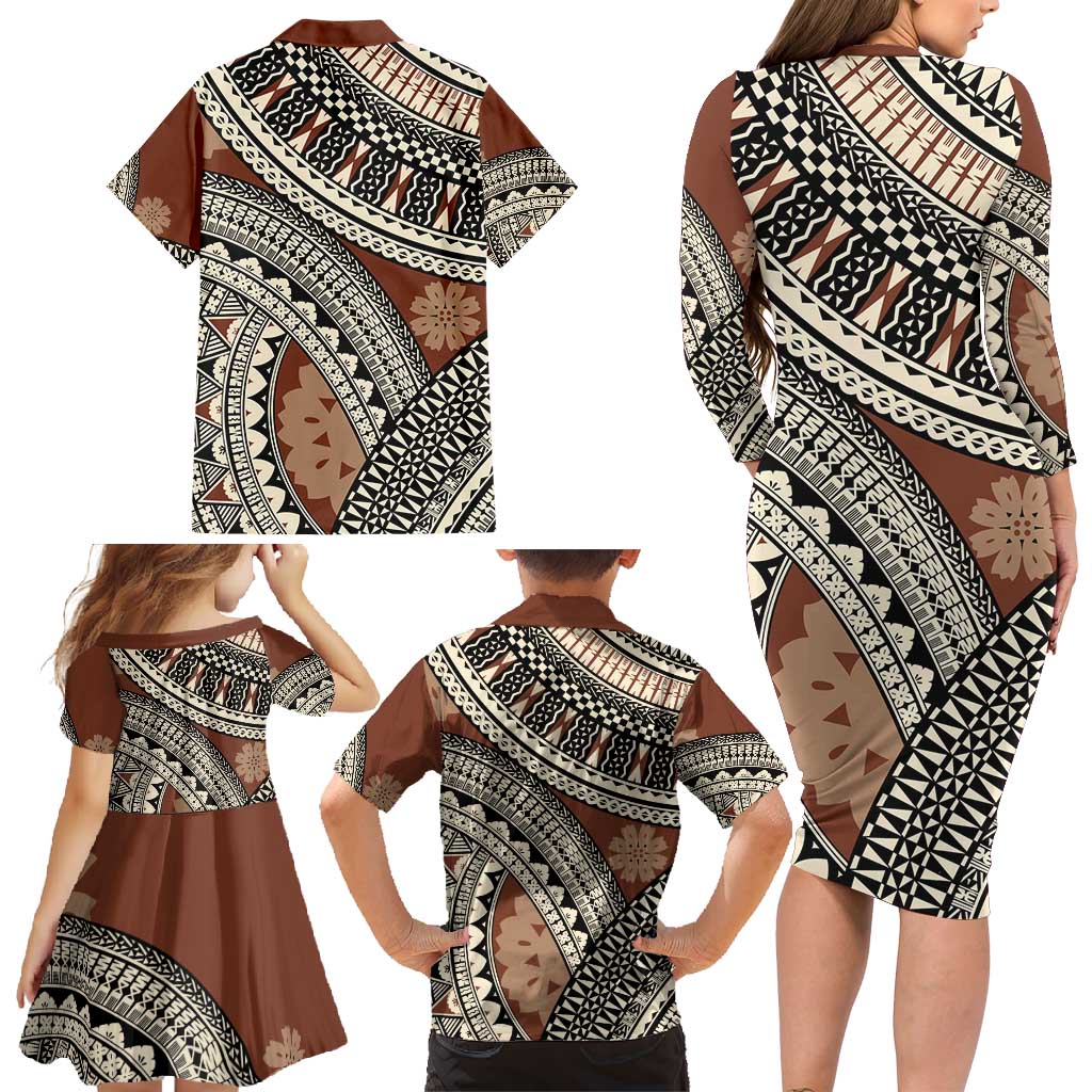 Bula Fiji Classic Masi Tapa Family Matching Long Sleeve Bodycon Dress and Hawaiian Shirt Vintage Brown - Polynesian Pride