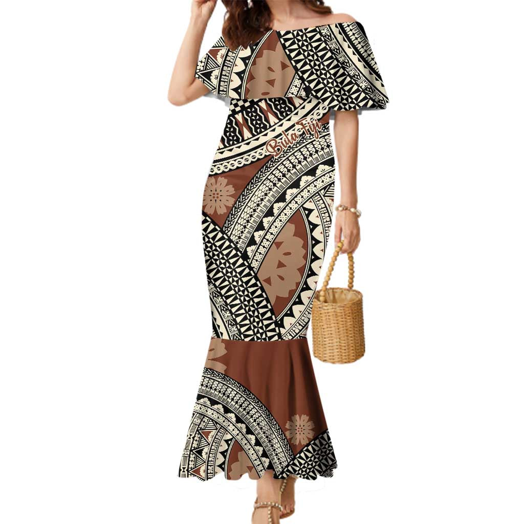 Bula Fiji Classic Masi Tapa Family Matching Mermaid Dress and Hawaiian Shirt Vintage Brown - Polynesian Pride