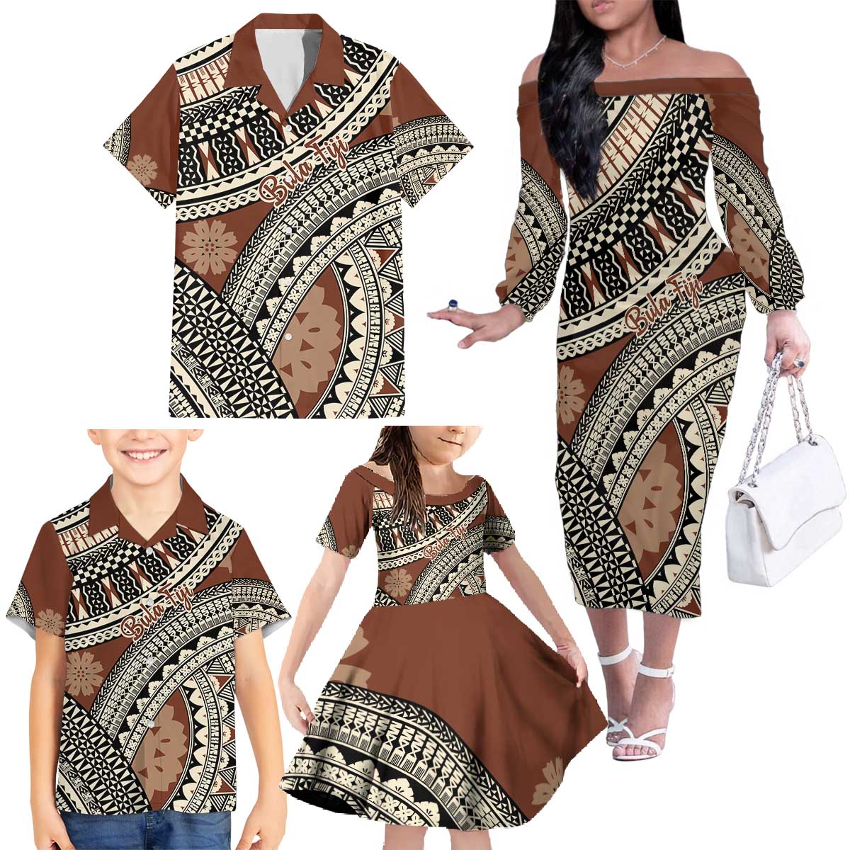 Bula Fiji Classic Masi Tapa Family Matching Off The Shoulder Long Sleeve Dress and Hawaiian Shirt Vintage Brown - Polynesian Pride