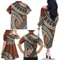 Bula Fiji Classic Masi Tapa Family Matching Off The Shoulder Long Sleeve Dress and Hawaiian Shirt Vintage Brown - Polynesian Pride