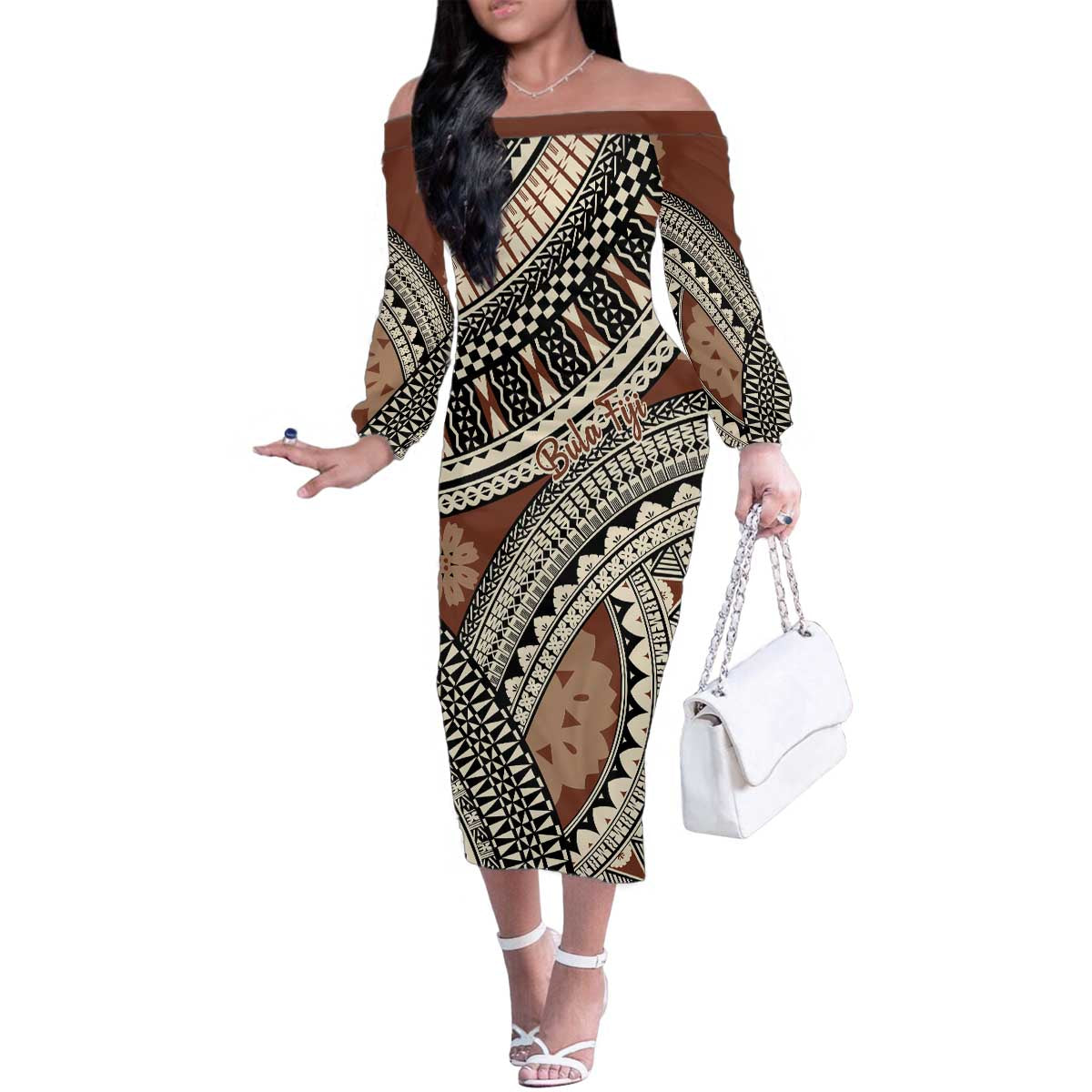 Bula Fiji Classic Masi Tapa Family Matching Off The Shoulder Long Sleeve Dress and Hawaiian Shirt Vintage Brown - Polynesian Pride
