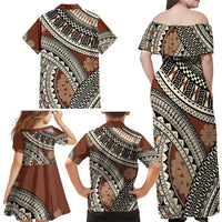 Bula Fiji Classic Masi Tapa Family Matching Off Shoulder Maxi Dress and Hawaiian Shirt Vintage Brown - Polynesian Pride