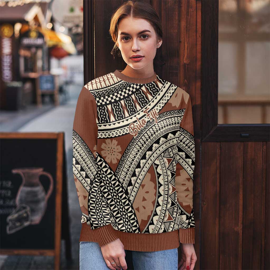Bula Fiji Classic Masi Tapa Ugly Christmas Sweater Vintage Brown - Polynesian Pride