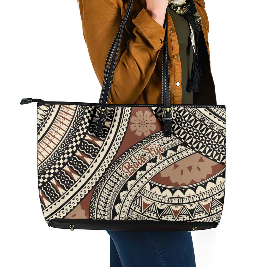 Bula Fiji Classic Masi Tapa Leather Tote Bag Vintage Brown - Polynesian Pride