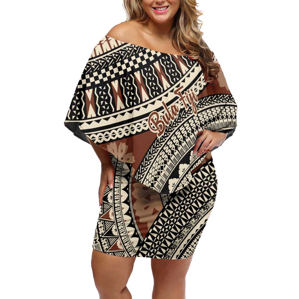 Bula Fiji Classic Masi Tapa Off Shoulder Short Dress Vintage Brown - Polynesian Pride