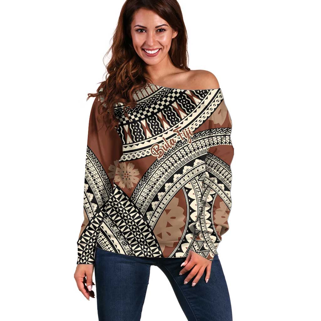Bula Fiji Classic Masi Tapa Off Shoulder Sweater Vintage Brown - Polynesian Pride