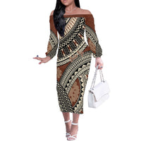 Bula Fiji Classic Masi Tapa Off The Shoulder Long Sleeve Dress Vintage Brown - Polynesian Pride