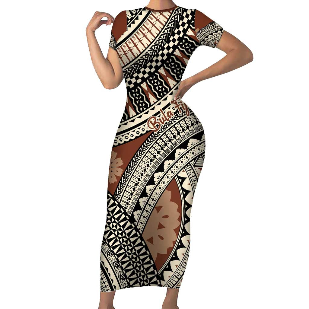 Bula Fiji Classic Masi Tapa Short Sleeve Bodycon Dress Vintage Brown - Polynesian Pride