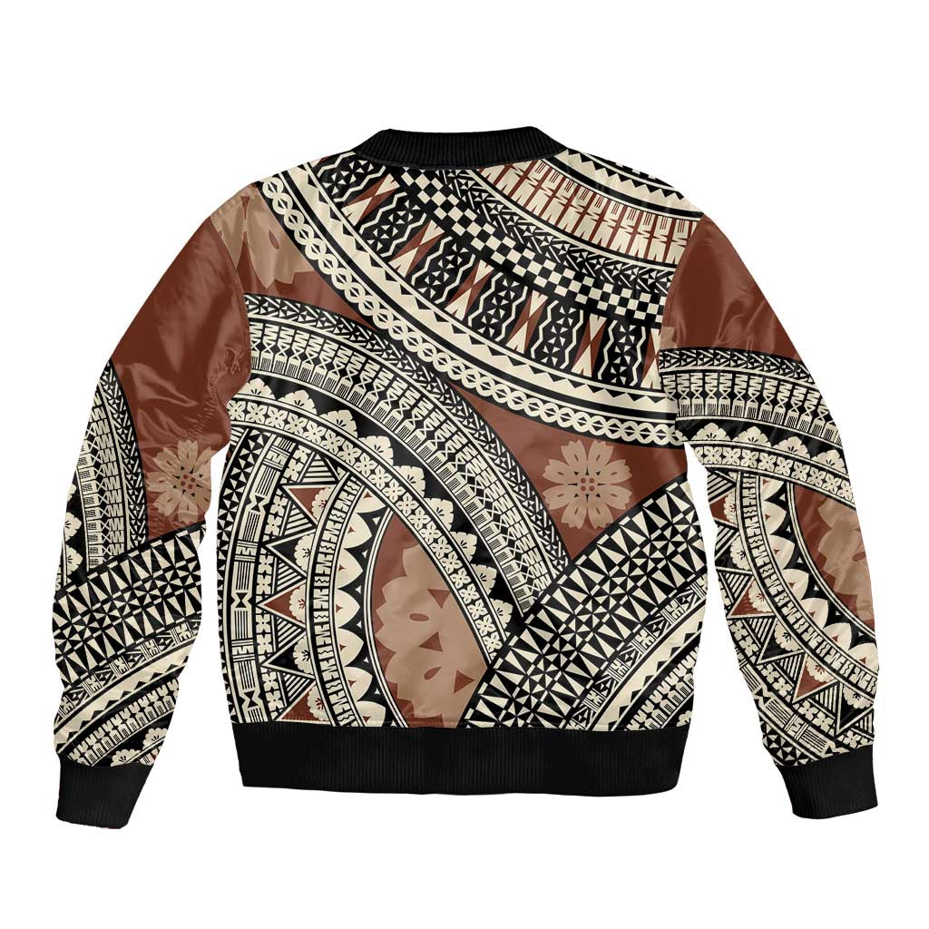 Bula Fiji Classic Masi Tapa Sleeve Zip Bomber Jacket Vintage Brown - Polynesian Pride