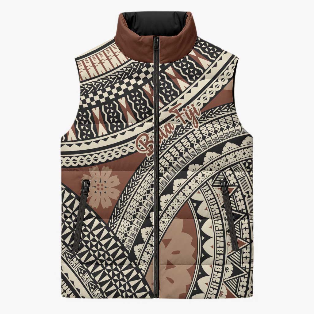Bula Fiji Classic Masi Tapa Sleeveless Puffer Jacket Vintage Brown - Polynesian Pride
