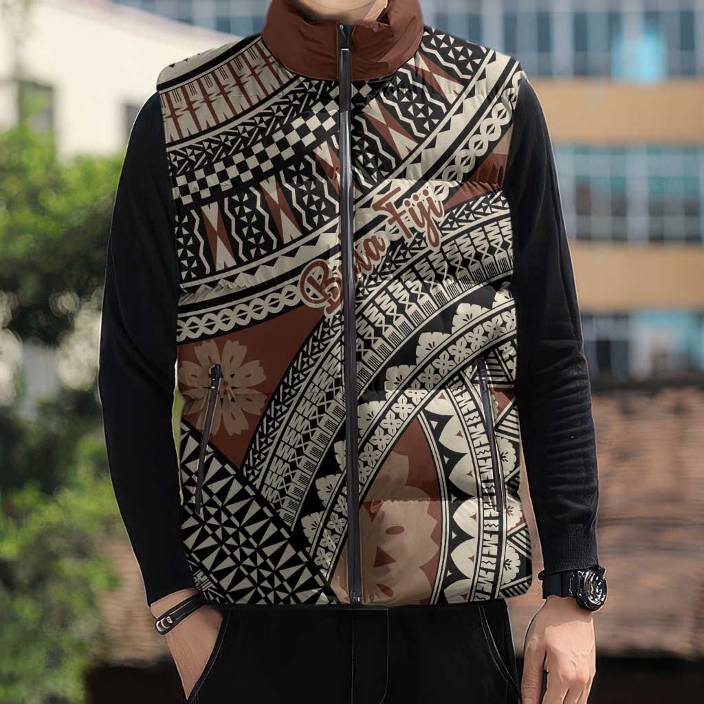 Bula Fiji Classic Masi Tapa Sleeveless Puffer Jacket Vintage Brown - Polynesian Pride