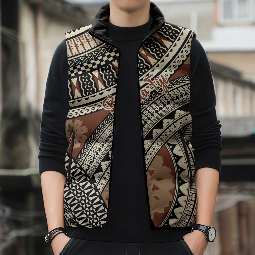 Bula Fiji Classic Masi Tapa Sleeveless Puffer Jacket Vintage Brown - Polynesian Pride