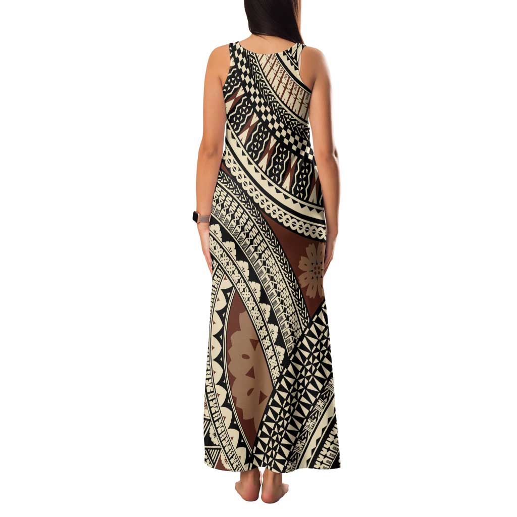 Bula Fiji Classic Masi Tapa Tank Maxi Dress Vintage Brown - Polynesian Pride