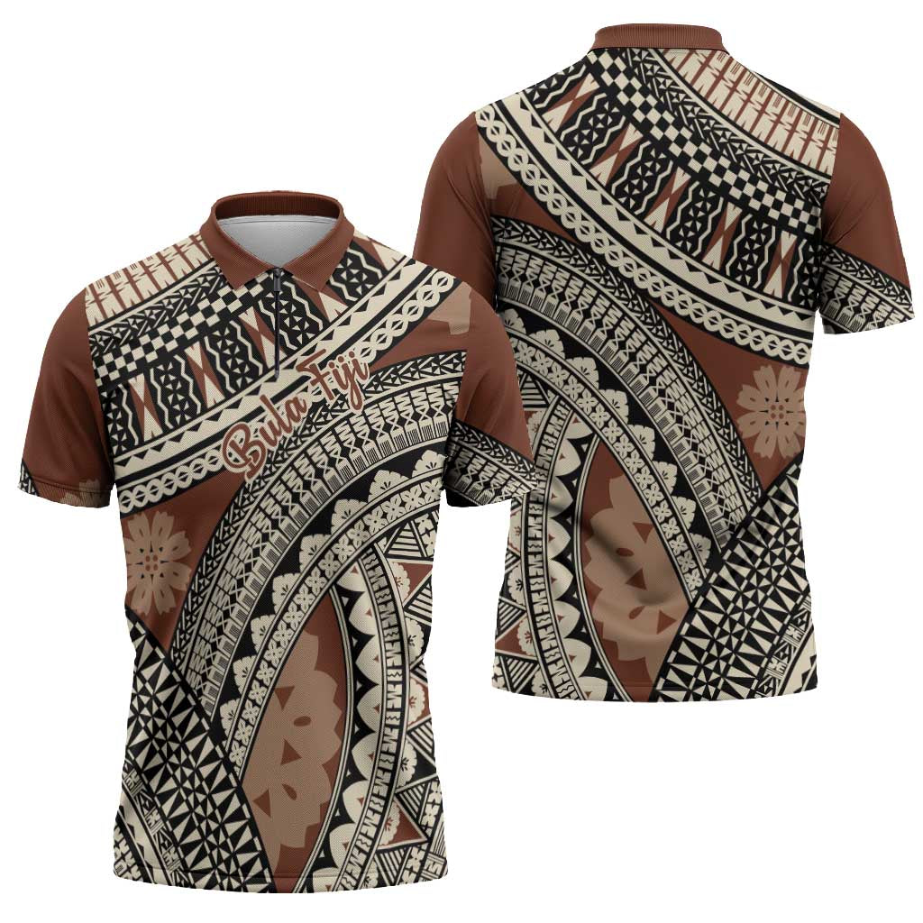 Bula Fiji Classic Masi Tapa Zipper Polo Shirt Vintage Brown - Polynesian Pride