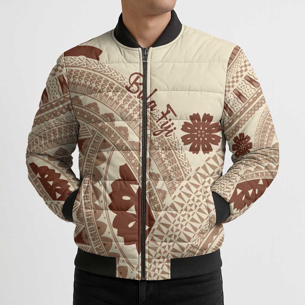 Bula Fiji Classic Masi Tapa Bomber Puffer Jacket Vintage Beige - Polynesian Pride