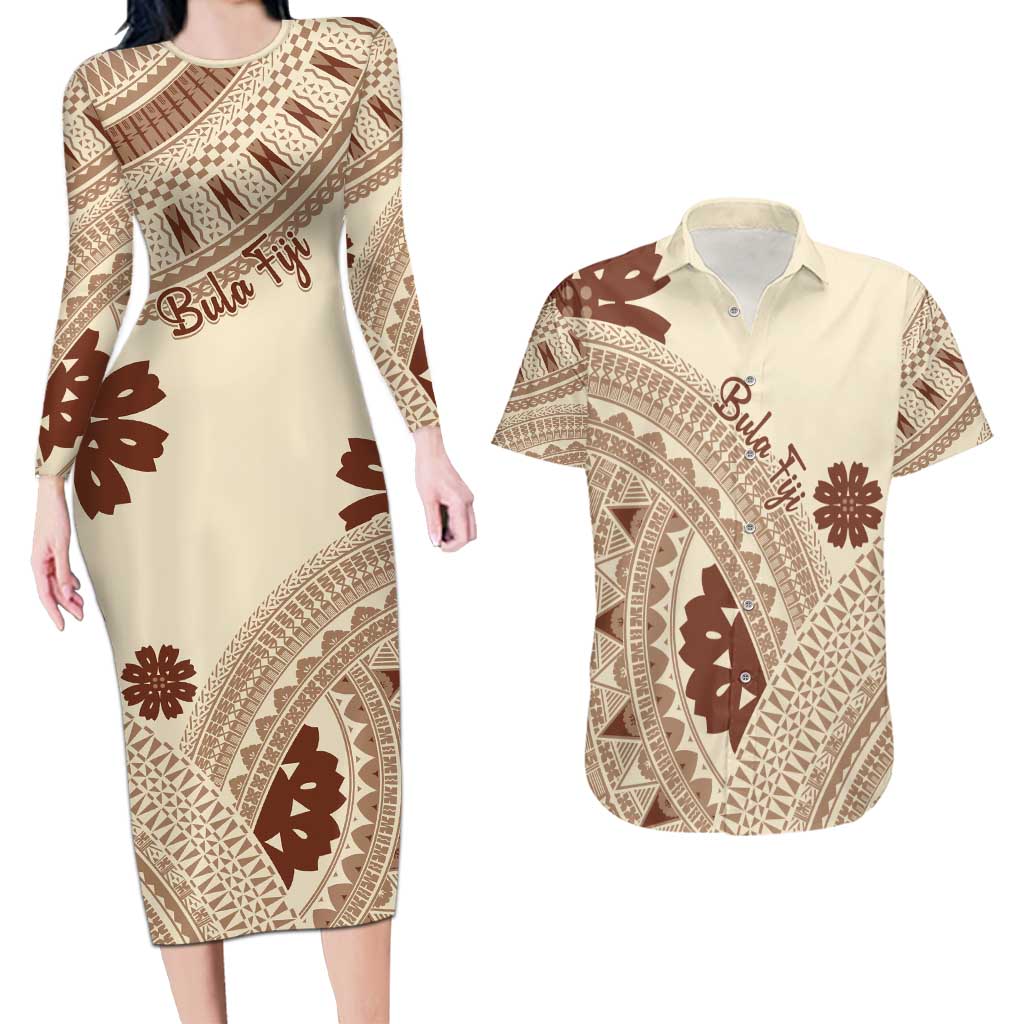Bula Fiji Classic Masi Tapa Couples Matching Long Sleeve Bodycon Dress and Hawaiian Shirt Vintage Beige - Polynesian Pride