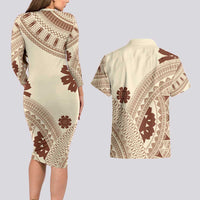 Bula Fiji Classic Masi Tapa Couples Matching Long Sleeve Bodycon Dress and Hawaiian Shirt Vintage Beige - Polynesian Pride