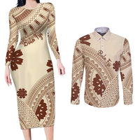 Bula Fiji Classic Masi Tapa Couples Matching Long Sleeve Bodycon Dress and Long Sleeve Button Shirt Vintage Beige - Polynesian Pride