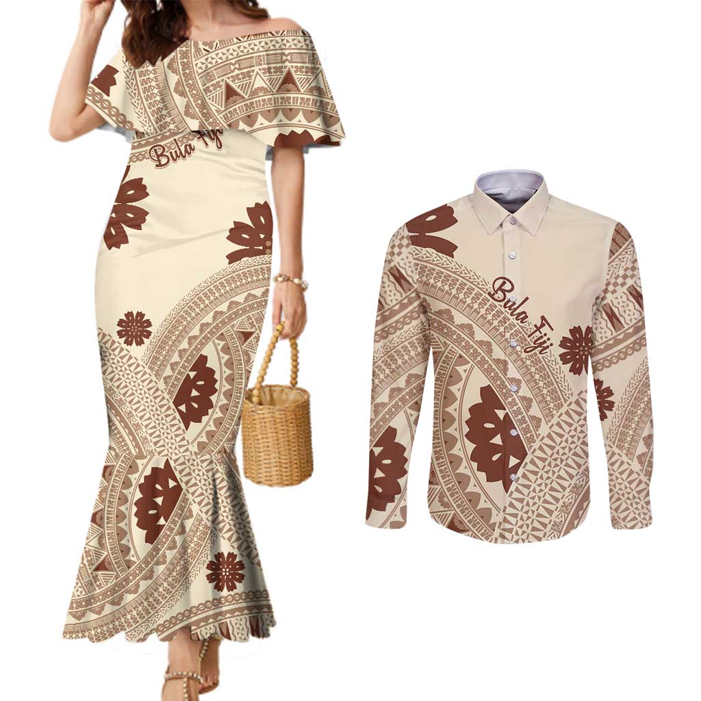 Bula Fiji Classic Masi Tapa Couples Matching Mermaid Dress and Long Sleeve Button Shirt Vintage Beige - Polynesian Pride