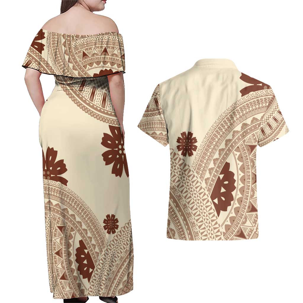 Bula Fiji Classic Masi Tapa Couples Matching Off Shoulder Maxi Dress and Hawaiian Shirt Vintage Beige - Polynesian Pride