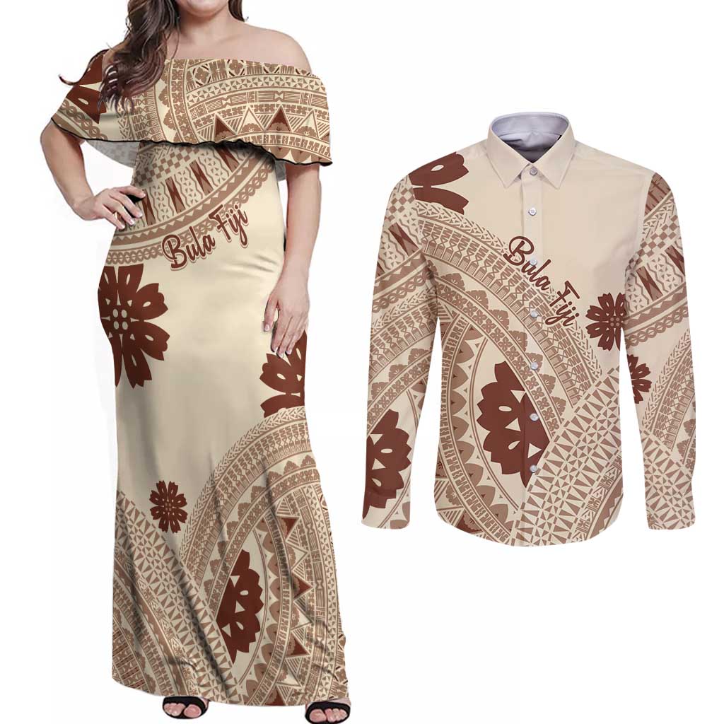 Bula Fiji Classic Masi Tapa Couples Matching Off Shoulder Maxi Dress and Long Sleeve Button Shirt Vintage Beige - Polynesian Pride