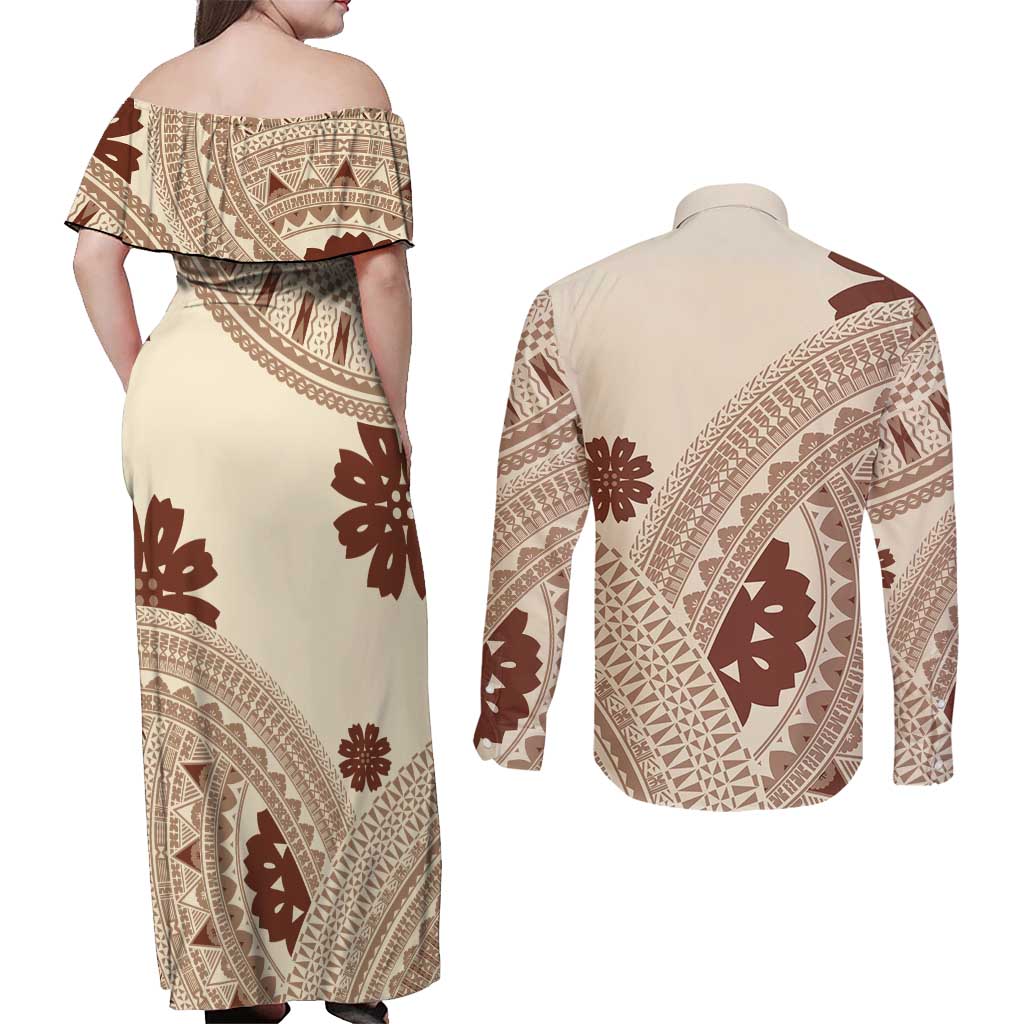 Bula Fiji Classic Masi Tapa Couples Matching Off Shoulder Maxi Dress and Long Sleeve Button Shirt Vintage Beige - Polynesian Pride