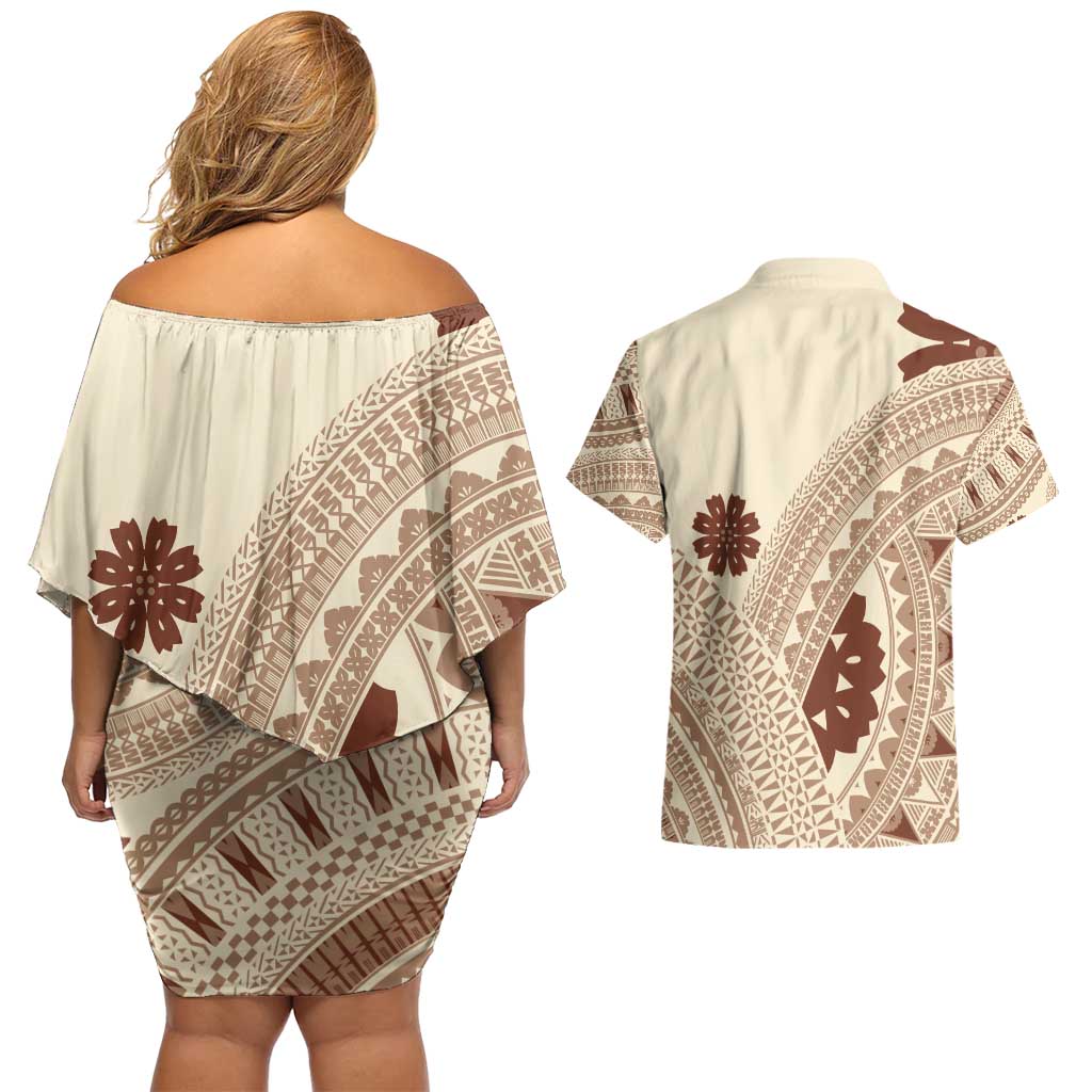 Bula Fiji Classic Masi Tapa Couples Matching Off Shoulder Short Dress and Hawaiian Shirt Vintage Beige - Polynesian Pride