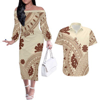 Bula Fiji Classic Masi Tapa Couples Matching Off The Shoulder Long Sleeve Dress and Hawaiian Shirt Vintage Beige - Polynesian Pride