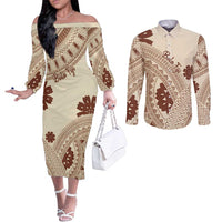 Bula Fiji Classic Masi Tapa Couples Matching Off The Shoulder Long Sleeve Dress and Long Sleeve Button Shirt Vintage Beige - Polynesian Pride