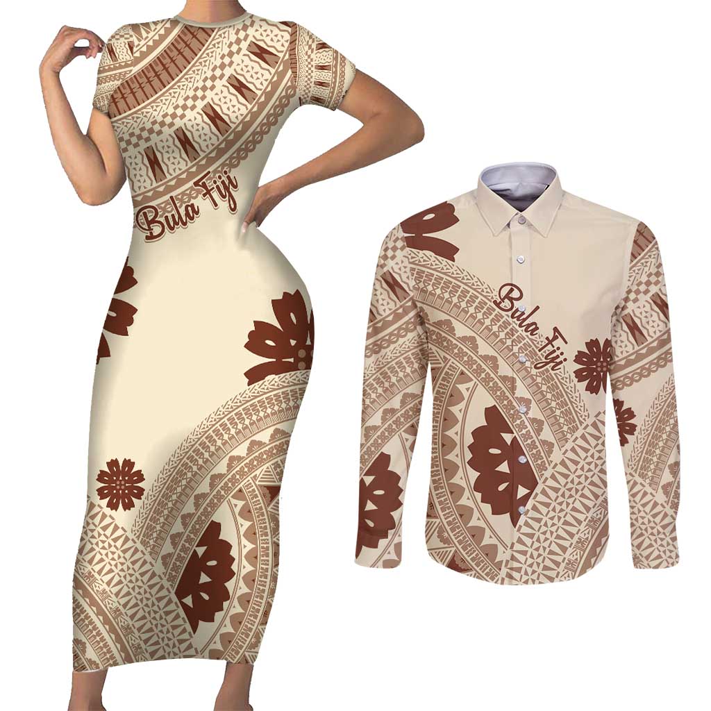 Bula Fiji Classic Masi Tapa Couples Matching Short Sleeve Bodycon Dress and Long Sleeve Button Shirt Vintage Beige - Polynesian Pride