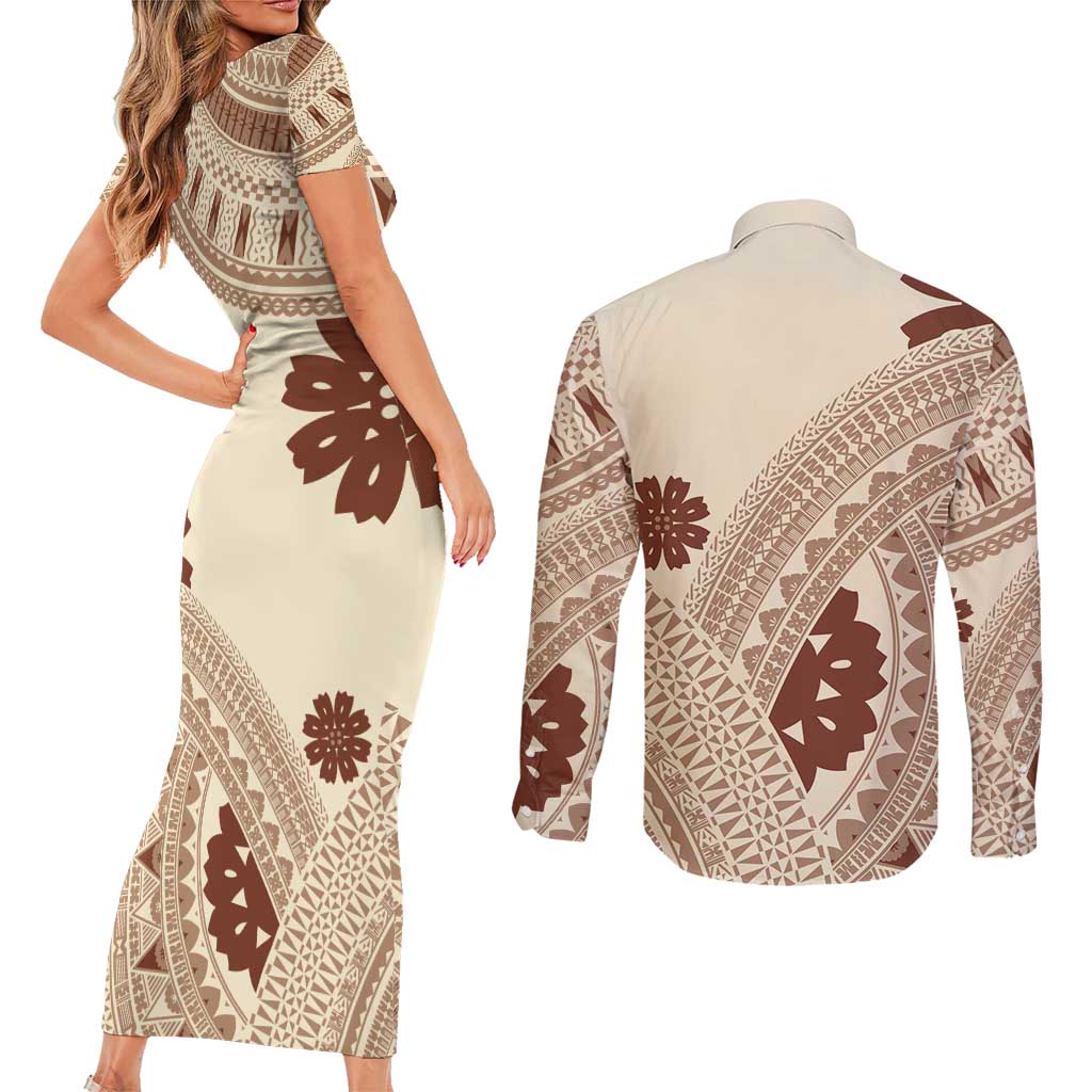 Bula Fiji Classic Masi Tapa Couples Matching Short Sleeve Bodycon Dress and Long Sleeve Button Shirt Vintage Beige - Polynesian Pride