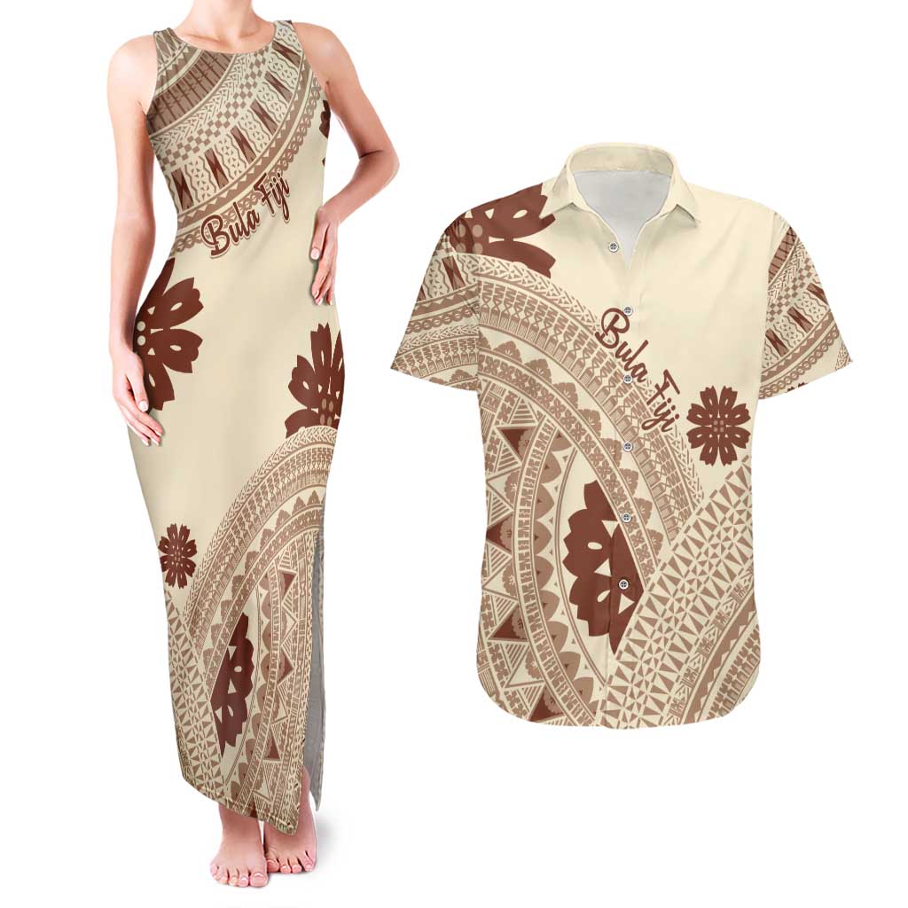 Bula Fiji Classic Masi Tapa Couples Matching Tank Maxi Dress and Hawaiian Shirt Vintage Beige - Polynesian Pride