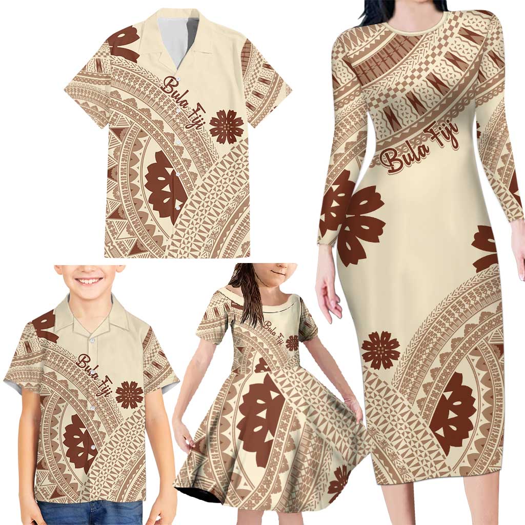 Bula Fiji Classic Masi Tapa Family Matching Long Sleeve Bodycon Dress and Hawaiian Shirt Vintage Beige - Polynesian Pride