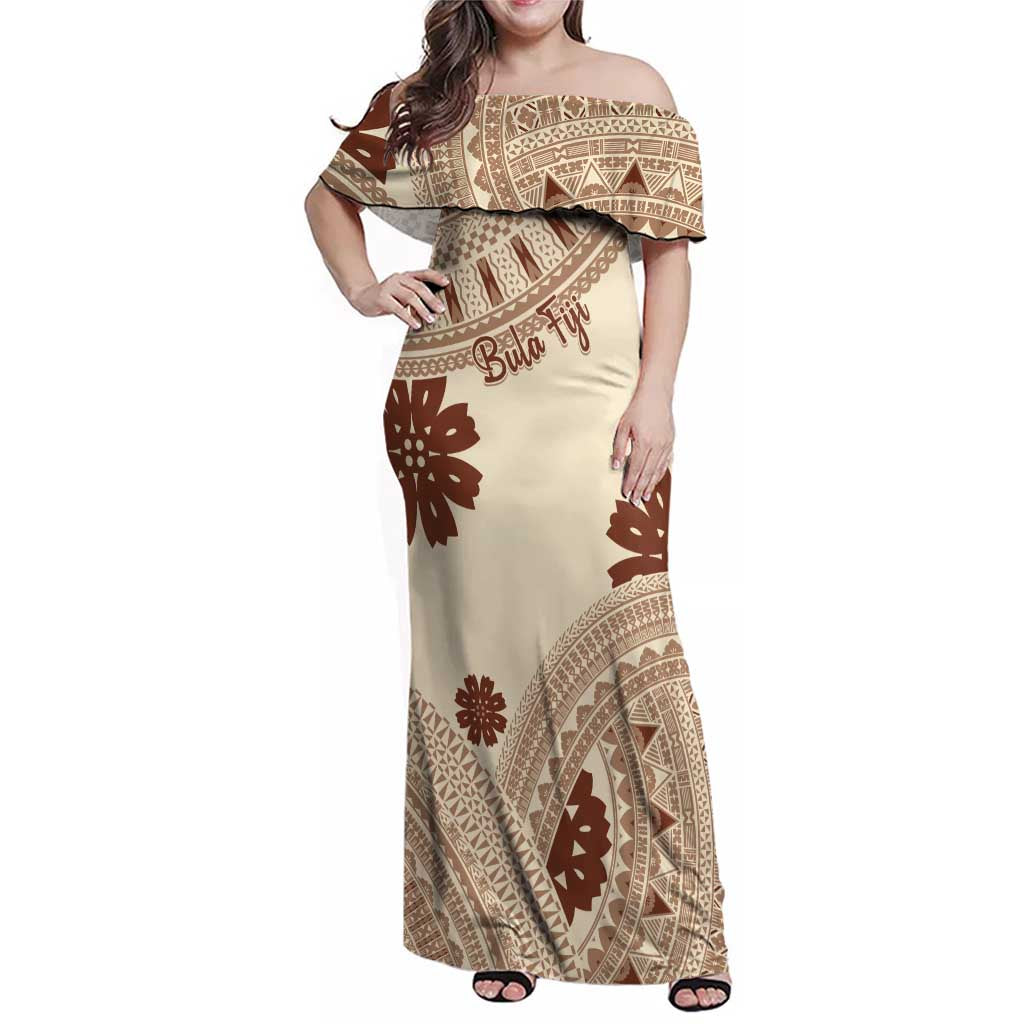 Bula Fiji Classic Masi Tapa Family Matching Off Shoulder Maxi Dress and Hawaiian Shirt Vintage Beige - Polynesian Pride