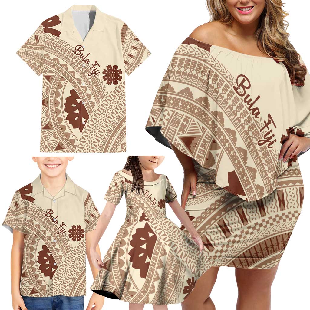Bula Fiji Classic Masi Tapa Family Matching Off Shoulder Short Dress and Hawaiian Shirt Vintage Beige - Polynesian Pride