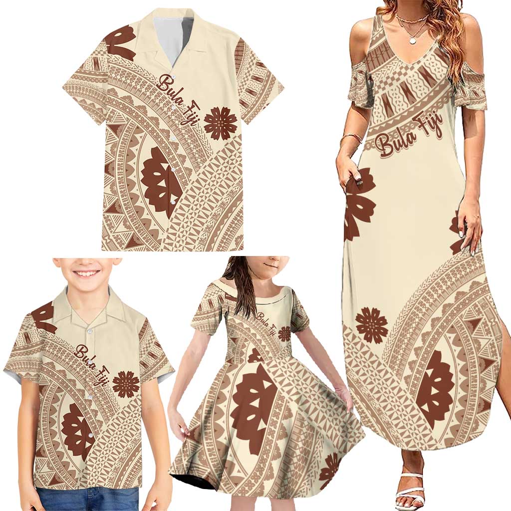 Bula Fiji Classic Masi Tapa Family Matching Summer Maxi Dress and Hawaiian Shirt Vintage Beige - Polynesian Pride