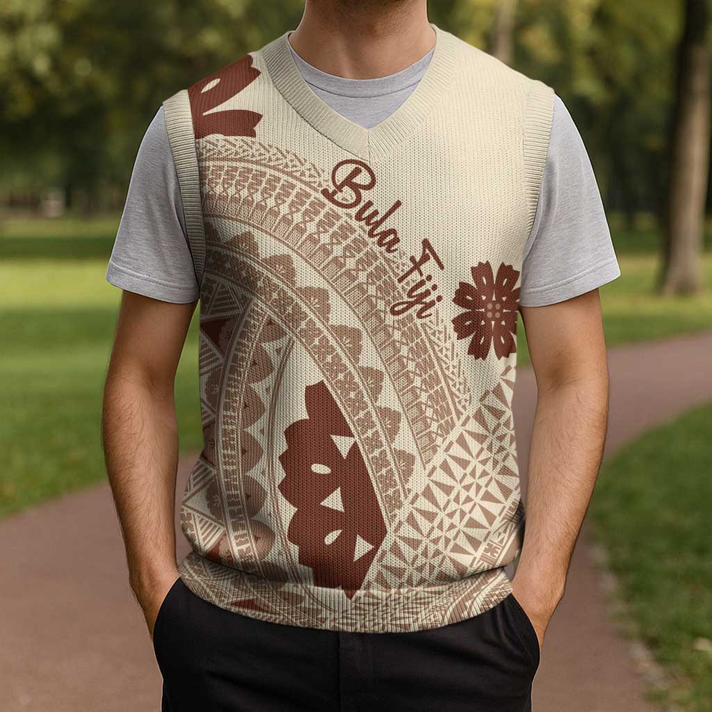 Bula Fiji Classic Masi Tapa Christmas Knitted V-Neck Vest Vintage Beige - Polynesian Pride