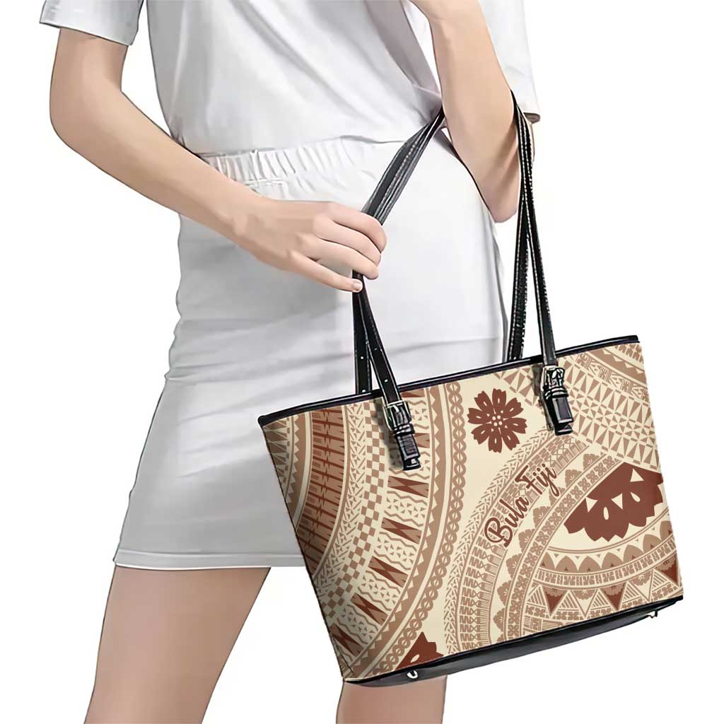 Bula Fiji Classic Masi Tapa Leather Tote Bag Vintage Beige - Polynesian Pride