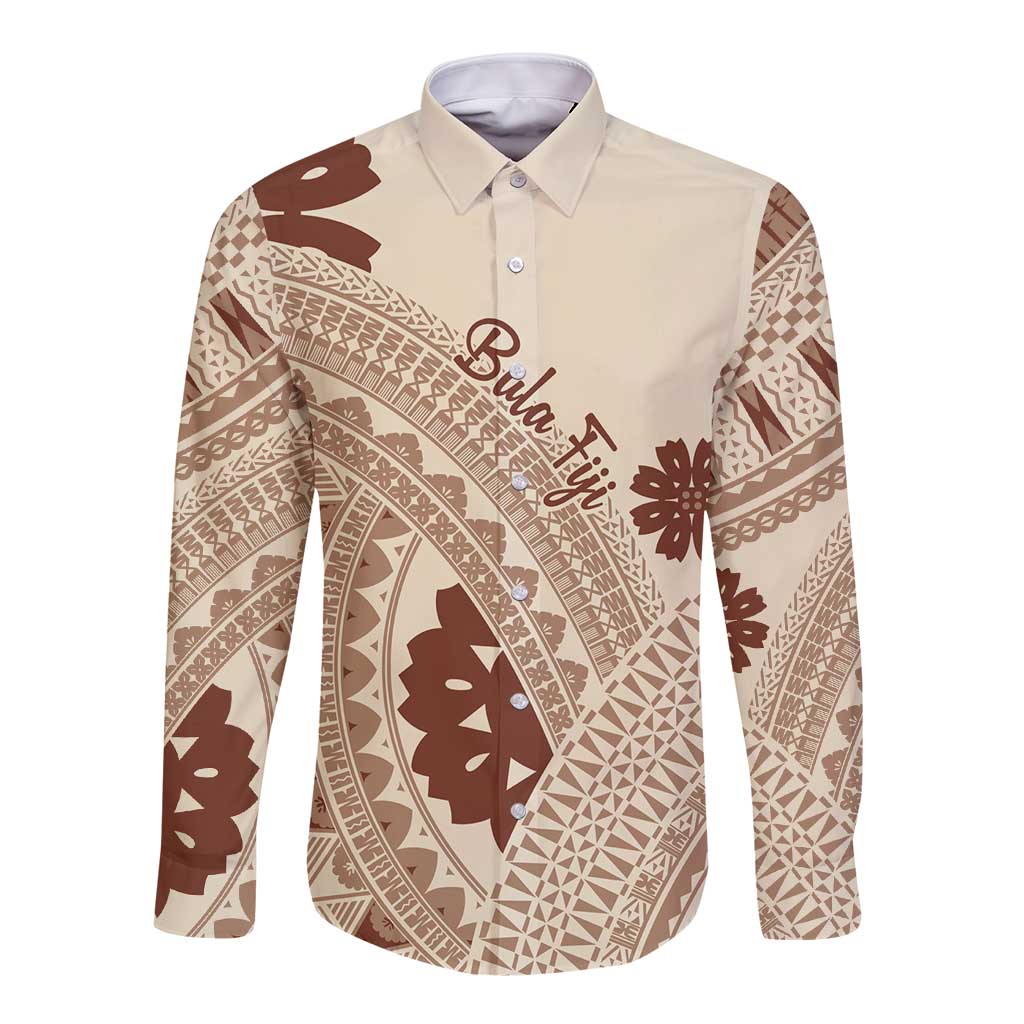 Bula Fiji Classic Masi Tapa Long Sleeve Button Shirt Vintage Beige - Polynesian Pride